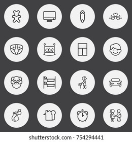 Set Of 16 Editable Relatives Outline Icons. Includes Symbols Such As Friends, Lovers, Nappy And More. Can Be Used For Web, Mobile, UI And Infographic Design.