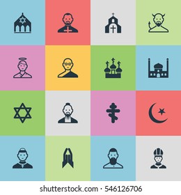 Set Of 16 Editable Religion Icons. Includes Symbols Such As Blessing, Christian, Pope And More. Can Be Used For Web, Mobile, UI And Infographic Design.