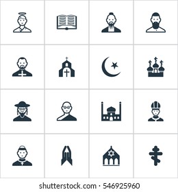 Set Of 16 Editable Religion Icons. Includes Symbols Such As Temple, Religious Sewn, Cherub And More. Can Be Used For Web, Mobile, UI And Infographic Design.