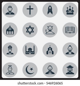 Set Of 16 Editable Religion Icons. Includes Symbols Such As Gospel, Hexagram, Clergyman And More. Can Be Used For Web, Mobile, UI And Infographic Design.
