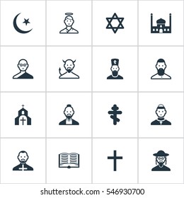 Set Of 16 Editable Religion Icons. Includes Symbols Such As Mohammedanism, Cherub, Satan And More. Can Be Used For Web, Mobile, UI And Infographic Design.