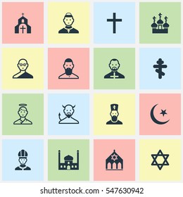 Set Of 16 Editable Religion Icons. Includes Symbols Such As Christian, Church, Cherub And More. Can Be Used For Web, Mobile, UI And Infographic Design.