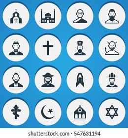 Set Of 16 Editable Religion Icons. Includes Symbols Such As Christian, Mohammedanism, Chaplain And More. Can Be Used For Web, Mobile, UI And Infographic Design.