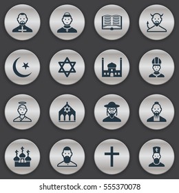 Set Of 16 Editable Religion Icons. Includes Symbols Such As Chapel, Temple, Cardinal And More. Can Be Used For Web, Mobile, UI And Infographic Design.