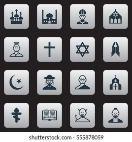 Set Of 16 Editable Religion Icons. Includes Symbols Such As Mohammedanism, Hexagram, Cherub And More. Can Be Used For Web, Mobile, UI And Infographic Design.
