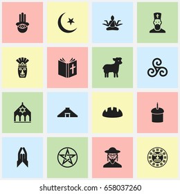 Set Of 16 Editable Religion Icons. Includes Symbols Such As Baguette, Hebrew, Temple And More. Can Be Used For Web, Mobile, UI And Infographic Design.