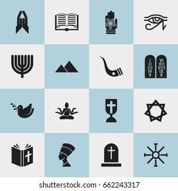 Set Of 16 Editable Religion Icons. Includes Symbols Such As Cleopatra, Tombstone, Pigeon And More. Can Be Used For Web, Mobile, UI And Infographic Design.