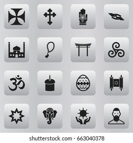 Set Of 16 Editable Religion Icons. Includes Symbols Such As David Star, Crucifix, Ornamented Egg And More. Can Be Used For Web, Mobile, UI And Infographic Design.