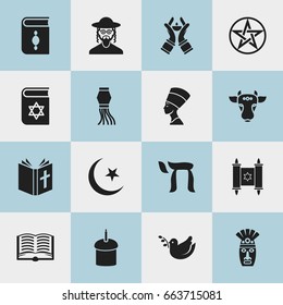 Set Of 16 Editable Religion Icons. Includes Symbols Such As David Star, Traditional Lamp, Om Aum And More. Can Be Used For Web, Mobile, UI And Infographic Design.