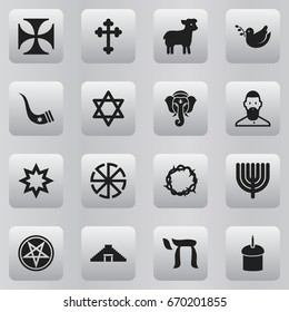 Set Of 16 Editable Religion Icons. Includes Symbols Such As Hanukkah, Pigeon, Asterisk And More. Can Be Used For Web, Mobile, UI And Infographic Design.