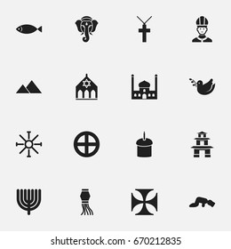 Set Of 16 Editable Religion Icons. Includes Symbols Such As Hanukkah, Traditional Lamp, Pagoda And More. Can Be Used For Web, Mobile, UI And Infographic Design.