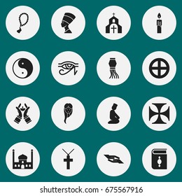 Set Of 16 Editable Religion Icons. Includes Symbols Such As Rosary, Egypt God, Church And More. Can Be Used For Web, Mobile, UI And Infographic Design.