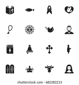 Set Of 16 Editable Religion Icons. Includes Symbols Such As Pigeon, Tribal Mask, Jewish And More. Can Be Used For Web, Mobile, UI And Infographic Design.