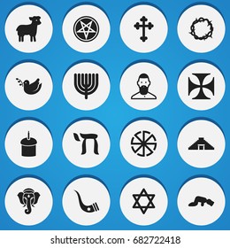 Set Of 16 Editable Religion Icons. Includes Symbols Such As Solar Emblem, Sajdah, Hexagram And More. Can Be Used For Web, Mobile, UI And Infographic Design.