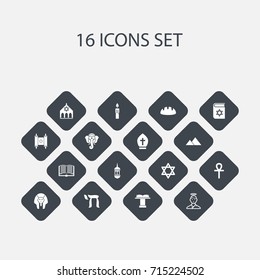 Set Of 16 Editable Religion Icons. Includes Symbols Such As Minaret, Pope Headwear, Orator Tribune And More. Can Be Used For Web, Mobile, UI And Infographic Design.