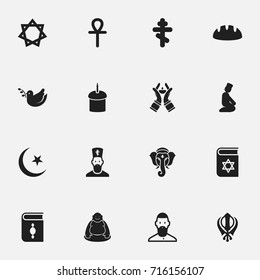 Set Of 16 Editable Religion Icons. Includes Symbols Such As Religious Book, Egyptian Cross, Feng ShUI And More. Can Be Used For Web, Mobile, UI And Infographic Design.