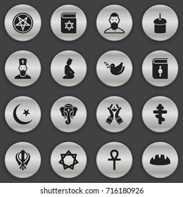 Set Of 16 Editable Religion Icons. Includes Symbols Such As Baphomet Symbol, Orthodox Symbol, Pray And More. Can Be Used For Web, Mobile, UI And Infographic Design.