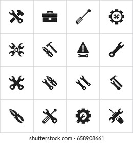 Set Of 16 Editable Repair Icons. Includes Symbols Such As Build Equipment, Instrument, Wrench Repair And More. Can Be Used For Web, Mobile, UI And Infographic Design.