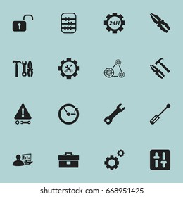 Set Of 16 Editable Repair Icons. Includes Symbols Such As Mechanic Cogs, Computer Statistics, Arithmetic And More. Can Be Used For Web, Mobile, UI And Infographic Design.