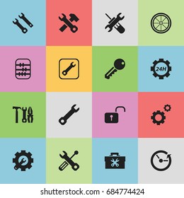 Set Of 16 Editable Repair Icons. Includes Symbols Such As Mechanic Cogs, Maintenance, Wrench Repair And More. Can Be Used For Web, Mobile, UI And Infographic Design.