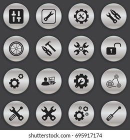 Set Of 16 Editable Repair Icons. Includes Symbols Such As Build Equipment, Technical Support, Tyre And More. Can Be Used For Web, Mobile, UI And Infographic Design.