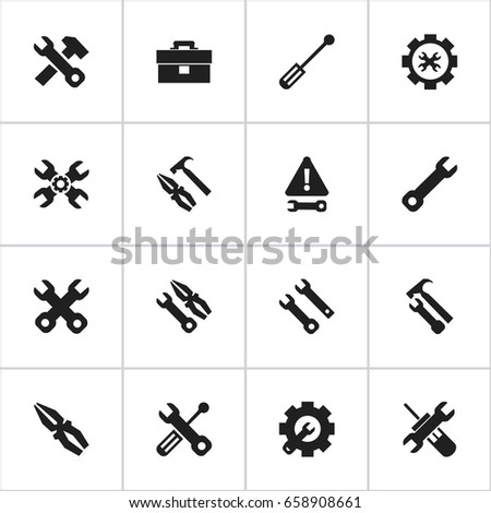 Set Of 16 Editable Repair Icons. Includes Symbols Such As Build Equipment, Instrument, Wrench Repair And More. Can Be Used For Web, Mobile, UI And Infographic Design.