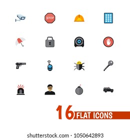 Set of 16 editable safety icons flat style. Includes symbols such as bug, palm, worker helmet and more. Can be used for web, mobile, UI and infographic design.