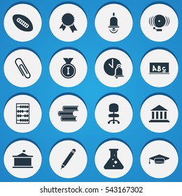 Set Of 16 Editable School Icons. Includes Symbols Such As School Bell, Univercity, Arithmetic And More. Can Be Used For Web, Mobile, UI And Infographic Design.