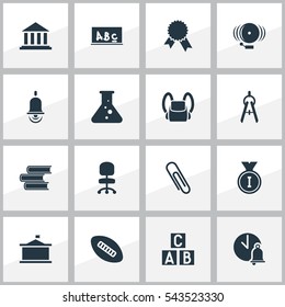 Set Of 16 Editable School Icons. Includes Symbols Such As Ring, Victory Medallion, Chemistry And More. Can Be Used For Web, Mobile, UI And Infographic Design.