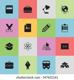 Set Of 16 Editable School Icons. Includes Symbols Such As Supervision List, Kindergarten, Earth Planet And More. Can Be Used For Web, Mobile, UI And Infographic Design.
