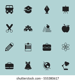 Set Of 16 Editable School Icons. Includes Symbols Such As Apple, Supervision List, Textbook And More. Can Be Used For Web, Mobile, UI And Infographic Design.