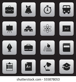 Set Of 16 Editable School Icons. Includes Symbols Such As Ceremony, Molecule, Portfolio And More. Can Be Used For Web, Mobile, UI And Infographic Design.
