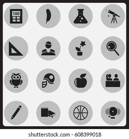Set Of 16 Editable School Icons. Includes Symbols Such As Handglass, Bookmark , Student. Can Be Used For Web, Mobile, UI And Infographic Design.