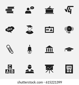 Set Of 16 Editable School Icons. Includes Symbols Such As Studying Boy, Alphabet Cube, Library And More. Can Be Used For Web, Mobile, UI And Infographic Design.