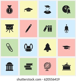 Set Of 16 Editable School Icons. Includes Symbols Such As Library, Univercity, First Place And More. Can Be Used For Web, Mobile, UI And Infographic Design.