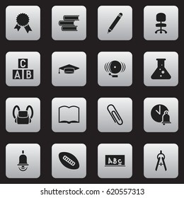 Set Of 16 Editable School Icons. Includes Symbols Such As Library, Alphabet Cube, Book And More. Can Be Used For Web, Mobile, UI And Infographic Design.