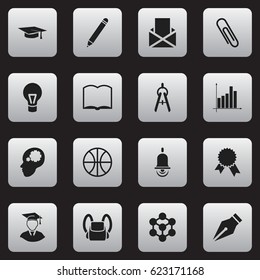 Set Of 16 Editable School Icons. Includes Symbols Such As Schoolbag, Nib, Victory Medallion And More. Can Be Used For Web, Mobile, UI And Infographic Design.
