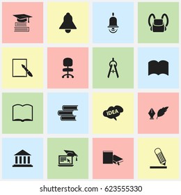 Set Of 16 Editable School Icons. Includes Symbols Such As Bookmark, Dictionary, Education And More. Can Be Used For Web, Mobile, UI And Infographic Design.