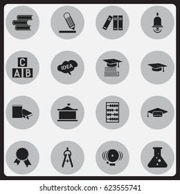 Set Of 16 Editable School Icons. Includes Symbols Such As Library, Arithmetic, Alarm Bell And More. Can Be Used For Web, Mobile, UI And Infographic Design.