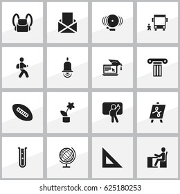 Set Of 16 Editable School Icons. Includes Symbols Such As Flask, Distance Learning, Schoolbag And More. Can Be Used For Web, Mobile, UI And Infographic Design.