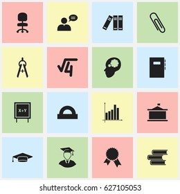 Set Of 16 Editable School Icons. Includes Symbols Such As Victory Medallion, Work Seat, Thinking Man And More. Can Be Used For Web, Mobile, UI And Infographic Design.