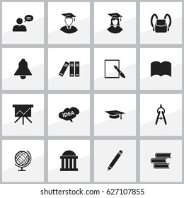 Set Of 16 Editable School Icons. Includes Symbols Such As Math Tool, Dictionary, Graduation Hat And More. Can Be Used For Web, Mobile, UI And Infographic Design.