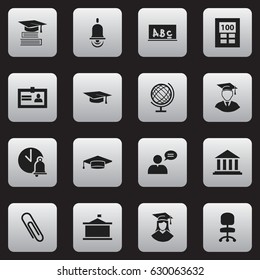 Set Of 16 Editable School Icons. Includes Symbols Such As School Bell, Graduated Female, Calculator And More. Can Be Used For Web, Mobile, UI And Infographic Design.