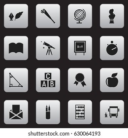 Set Of 16 Editable School Icons. Includes Symbols Such As Fresh Fruit, Arithmetic, Pen Case And More. Can Be Used For Web, Mobile, UI And Infographic Design.