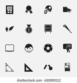 Set Of 16 Editable School Icons. Includes Symbols Such As Hardhat, Literature, First Place And More. Can Be Used For Web, Mobile, UI And Infographic Design.