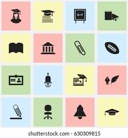 Set Of 16 Editable School Icons. Includes Symbols Such As Alarm Bell, Bell, Graduated Female And More. Can Be Used For Web, Mobile, UI And Infographic Design.