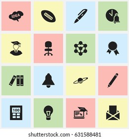 Set Of 16 Editable School Icons. Includes Symbols Such As Lamp, Molecule, Mind And More. Can Be Used For Web, Mobile, UI And Infographic Design.