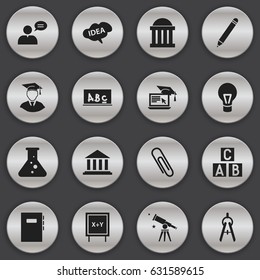 Set Of 16 Editable School Icons. Includes Symbols Such As Chemistry, Math Tool, Pencil And More. Can Be Used For Web, Mobile, UI And Infographic Design.