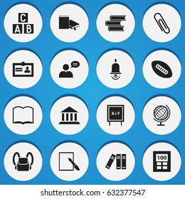 Set Of 16 Editable School Icons. Includes Symbols Such As Bookshelf, Notepaper, Staple And More. Can Be Used For Web, Mobile, UI And Infographic Design.