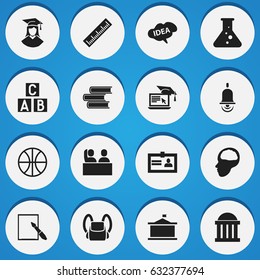 Set Of 16 Editable School Icons. Includes Symbols Such As Student, Straightedge, Schoolbag And More. Can Be Used For Web, Mobile, UI And Infographic Design.